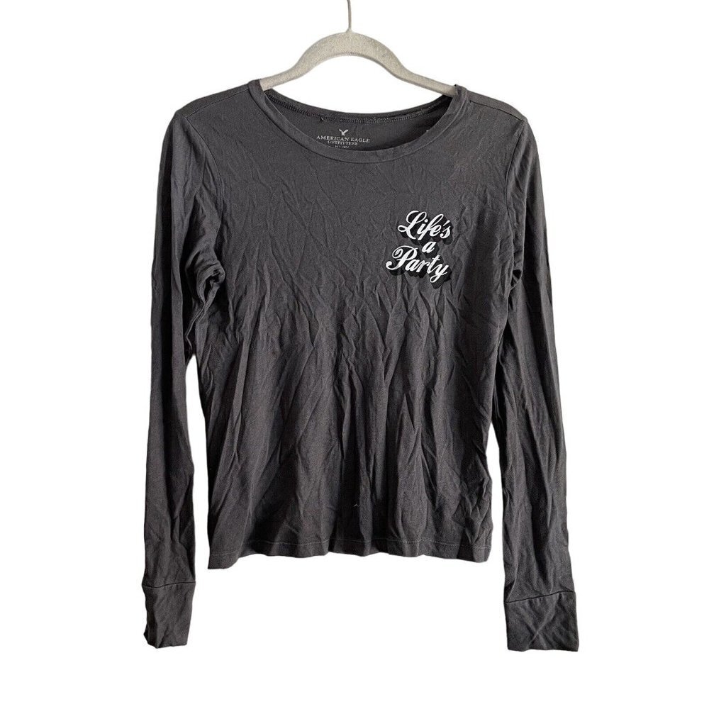 American Eagle Outfitters Women SZ S Gray Life’s A Party Long Sleeve T Shirt NWT